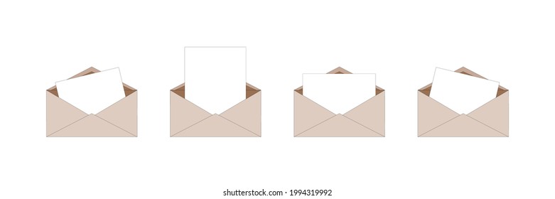 Set simple brown paper isolated envelopes with letter inside. Can be used as stickers, icons, mockups. Delivery of correspondence in envelope. Stock vector illustration isolated on white background.