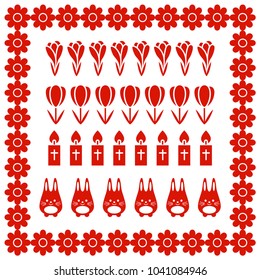Set of simple brushes, frames and borders on the theme of Easter. Brushes included. Vector illustration