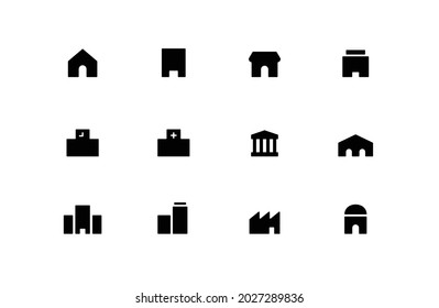 A set of simple building icons.
This illustration has elements of a house, office, school, hospital, etc.
