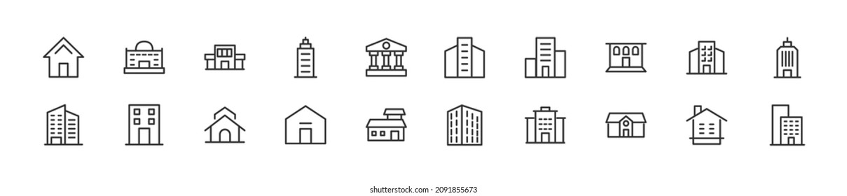 Set of simple building line icons. Outline stroke object. Linear signs pack. Perfect for web apps and mobile.