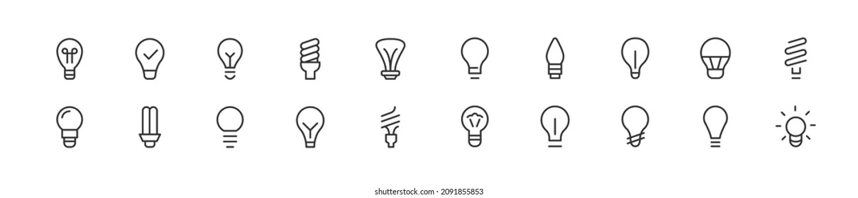 Set of simple bulb line icons. Outline stroke object. Linear signs pack. Perfect for web apps and mobile.