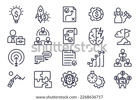 Set of simple business icon. Global economy, financial management, entrepreneurship, partner negotiation, income growth and brainstorming. Cartoon linear vector collection isolated on white background