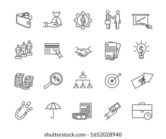 Set of simple business icons of black lines on white background, of money investments, funds, stocks and corporate banking