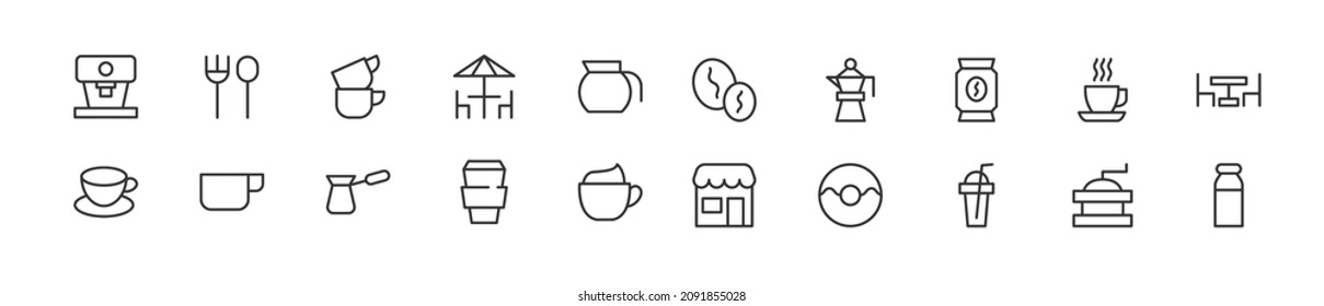 Set of simple cafe line icons. Outline stroke object. Linear signs pack. Perfect for web apps and mobile.