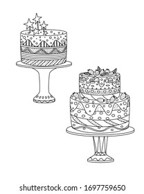 Set with simple cakes with ornaments, layers, decoration. Hand drawn vector illustration, black lines on white, Doodle, sketch.Cute coloring book for children.