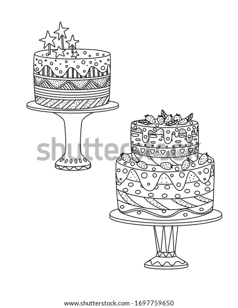 飾り 重ね 飾りと簡単なケーキでセット 白い背景に手描きのベクターイラスト 黒い線 落書き スケッチ 子ども向けのかわいい色の本 のベクター画像素材 ロイヤリティフリー