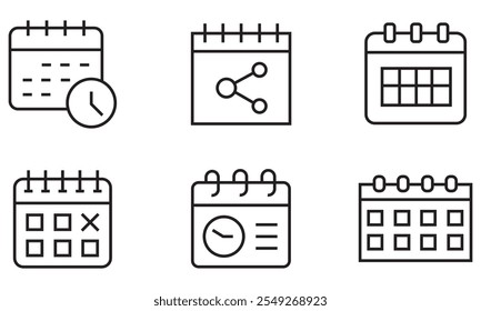 Set of simple calendar line icons. Design of 6 stroke pictograms. Line and glyph calendar set. Linear signs pack. Calendar sign and symbol icon. Vector illustration.
