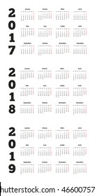 Set of simple calendars in french on 2017, 2018, 2019 years isolated on white