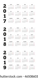 Set of simple calendars in german on 2017, 2018, 2019 years isolated on white