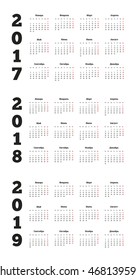 Set of simple calendars in russian on 2017, 2018, 2019 years isolated on white