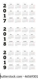 Set of simple calendars in spanish on 2017, 2018, 2019 years isolated on white