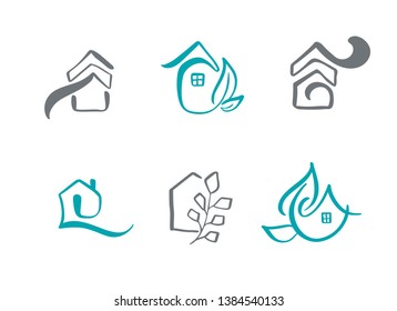 Set of simple calligraphy houses hand drawn logo. Real Vector Icons. Estate Architecture Construction for design. Art home vintage element.