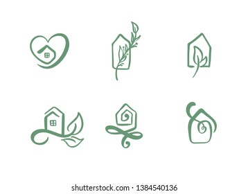 Set of simple calligraphy houses hand drawn logo. Real Vector Icons. Estate Architecture Construction for design. Art home vintage element.