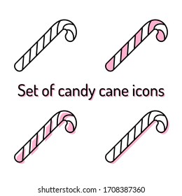 Set of simple candy cane icons with black outline on white background. Four icons: contour only, pink fill, offset fill and white fill with pink shadow. Perfect for sweet shops, cafes, pattiseries