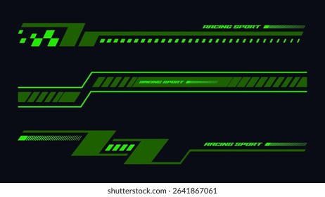 Set of simple car stripes. Car race green stripes. Racing line sticker design. Graphic sport decal vinyl element. Automobile decoration. Racing design vector 