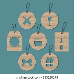 Set of simple cards, labels for new year greetings with wooden texture.