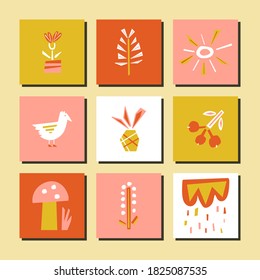 Set of simple cards with simple paper cut elements for tee shirt prints, scrapbooking, and surface design. Vector flat childish illustration 