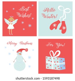 Set of simple cards with symbols of Christmas, vector illustration. New Year greetings, flat style banners and tags. Cute angel, snowman, mittens and gift box. Merry Christmas and happy New Year