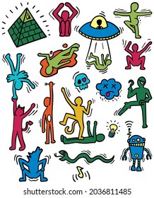 Set with simple cartoon characters and objects.