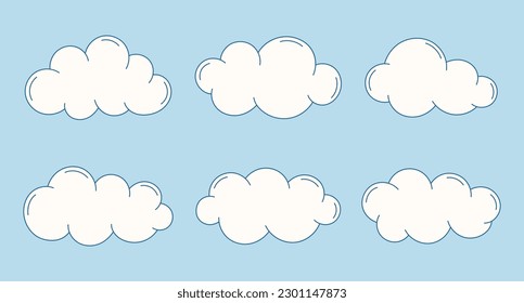 Conjunto de simples nubes de dibujos animados. Resumen de símbolos de nube blanca en estilo plano. Ilustración del vector