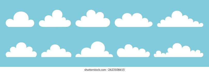 Set of simple cartoon clouds on blue sky background. Cute white puffy cloud elements. Nature theme. Vector illustration in flat style.