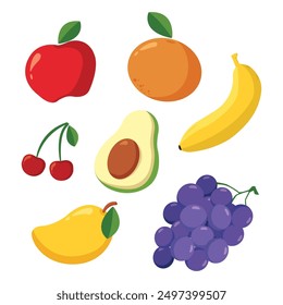 Set of Simple Cartoon fruit illustration, apple, orange, cherries, avocado, banana, mago, and grapes vector icon