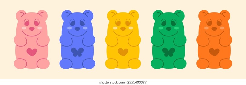 Set of simple cartoon gummy bear icons in pastel rainbow colors. Kawaii teddy character, jelly candies with heart, butterfly symbols. Vector illustration 2000s