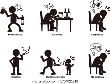 A set of simple cartoon silhouettes depicting the bad habits of drinking and smoking.