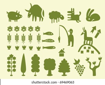 Set of simple cartoon silhouettes of trees and animals, vectorial