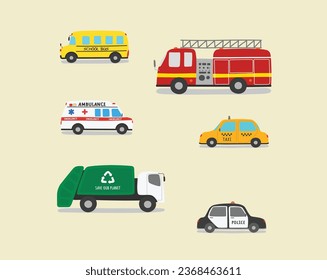 Set of simple cartoon specialty vehicles illustration flat vector. Hand drawn specialty vehicles icon. Transportation elements in kid drawing style.