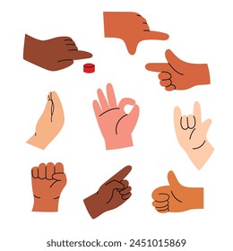 Set with simple cartoon style hand gestures, diverse human hands. Hand drawn vector illustration in flat design, isolated on white