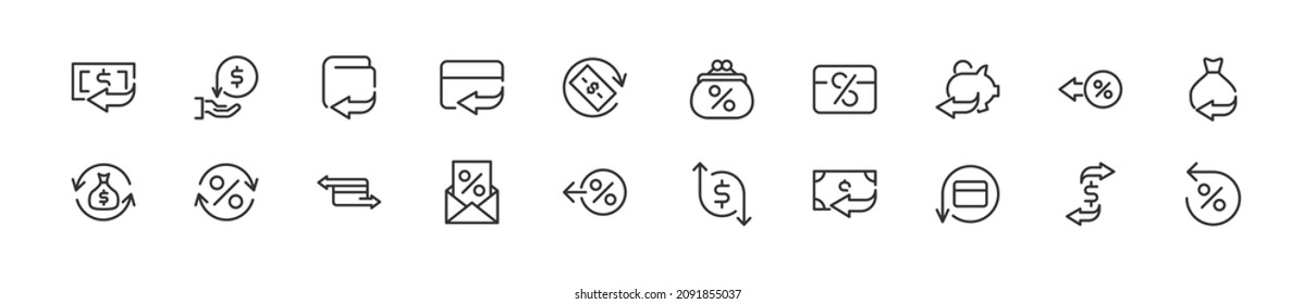 Set of simple cashback line icons. Outline stroke object. Linear signs pack. Perfect for web apps and mobile.