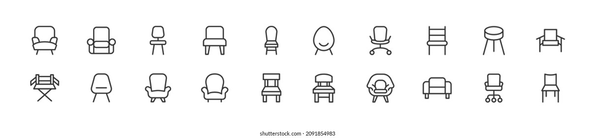 Set of simple chair line icons. Outline stroke object. Linear signs pack. Perfect for web apps and mobile.