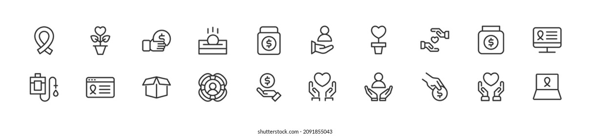 Set of simple charity line icons. Outline stroke object. Linear signs pack. Perfect for web apps and mobile.