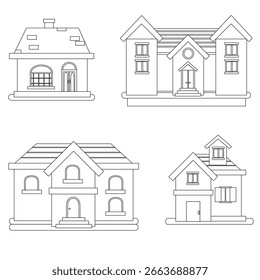 A set of simple, charming house line art designs perfect for kids' coloring pages, drawing, and activity books. These vector illustrations feature various home styles, ideal for education.