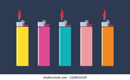 A set of simple cheap disposable lighters for design. Colored gas lighters on a dark background. Flat graphic style illustration of mechanical gas ignition.