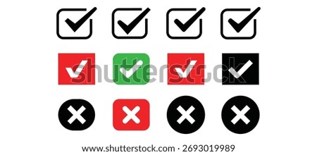 A set of simple check mark, cross, n,o, and OK color box sign and icon, black, red, and green check mark icon and symbol, eps vector with isolated on a white background, 