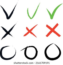 Set of simple check mark: green tick and red cross. Round and square, with sharp and rounded corners. Various ticks or tics and rejection icons set. Flat line style. Document signing, business concept