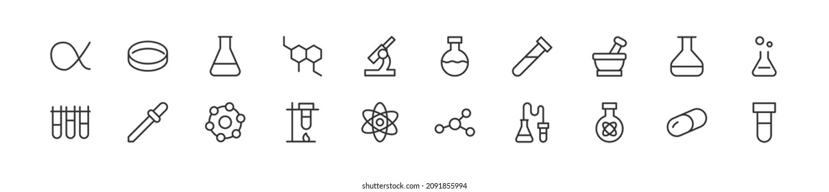 Set of simple chemistry line icons. Outline stroke object. Linear signs pack. Perfect for web apps and mobile.