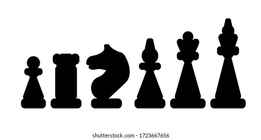 Set of simple chess sport related glyph icons. Vector stock illustrations included pawn, rook, hourse, bishop, queen, king icons. Black graphic, isolated on white background.