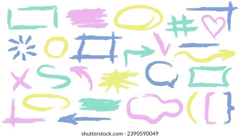 Set of simple childish cute brushes or charcoal pencil strokes elements. Pastel sketch of arrows, highlights, scribbles, frames, bubbles, underlines, etc. Freehand linear doodle geometric figures