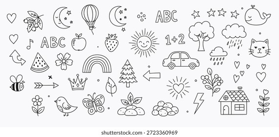 Un conjunto de ilustraciones simples, infantiles con varios objetos y símbolos
