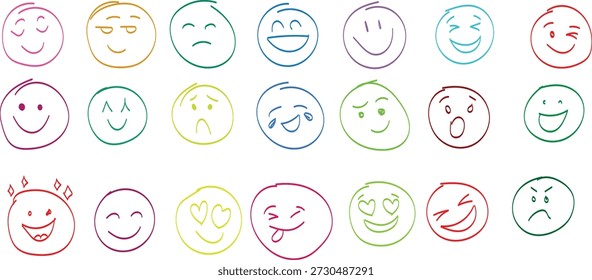 Un conjunto de ilustraciones simples, infantiles de caras sonrientes con diferentes emociones y colores