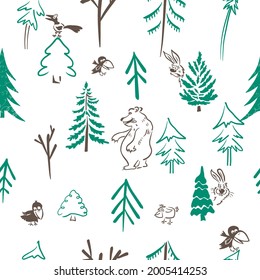 A set of simple children's trees with bears and birds.. Seamless background. Vector illustration