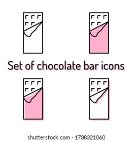 Set of simple chocolate bar icons with black outline on white background. Four icons: contour only, pink fill, offset fill and white fill with pink shadow. Perfect for sweet shops, cafes, pattiseries