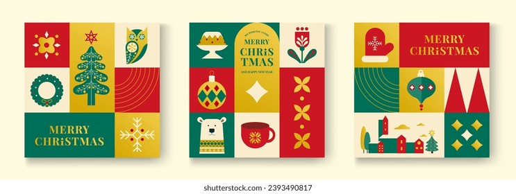 Set of Simple Christmas background, elegant geometric minimalist style. Merry Christmas and Happy New Year banner. Snowflakes, decorations and Xmas trees elements. Retro clean concept design