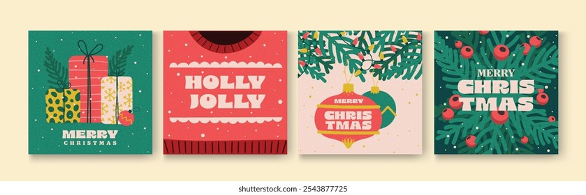 Set of Simple Christmas background, elegant hand drawn style. Merry Christmas and Happy New Year banner. Snowflakes, decorations and Xmas trees elements. Retro clean concept design. Vector