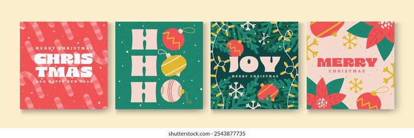 Set of Simple Christmas background, elegant hand drawn style. Merry Christmas and Happy New Year banner. Snowflakes, decorations and Xmas trees elements. Retro clean concept design. Vector