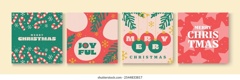 Set of Simple Christmas background, elegant hand drawn style. Merry Christmas and Happy New Year banner. Snowflakes, decorations and Xmas trees elements. Retro clean concept design. Vector