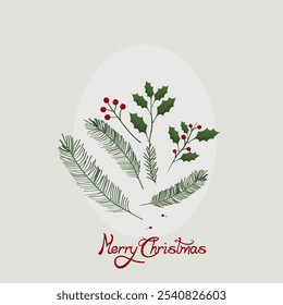 A set of simple Christmas branches in PNG format, featuring elegant pine needles, holly leaves, and small red berries. The branches are designed for easy use in holiday-themed projects with a minimali